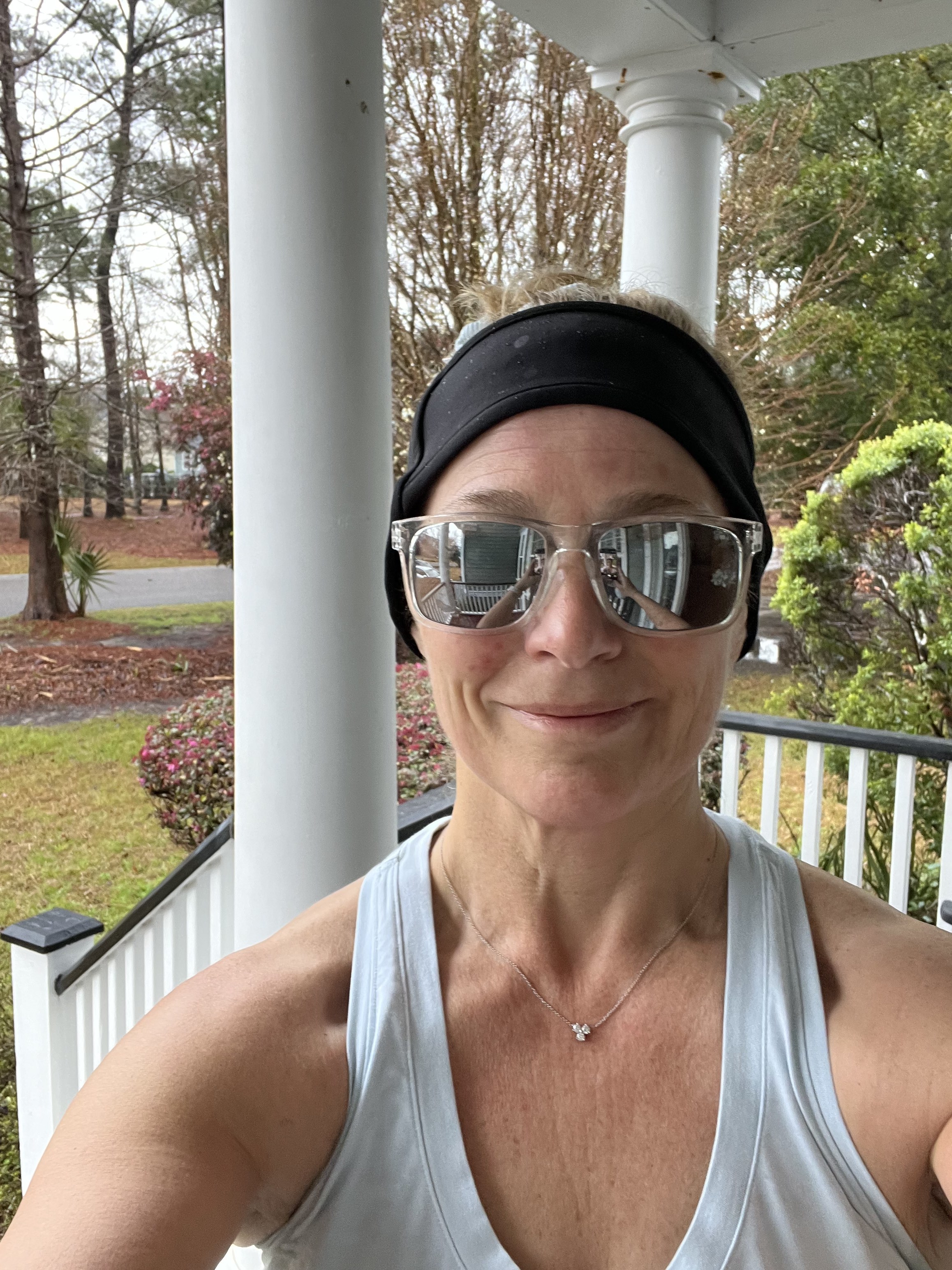 A photo of Cyndee Cave preparing for a morning run.